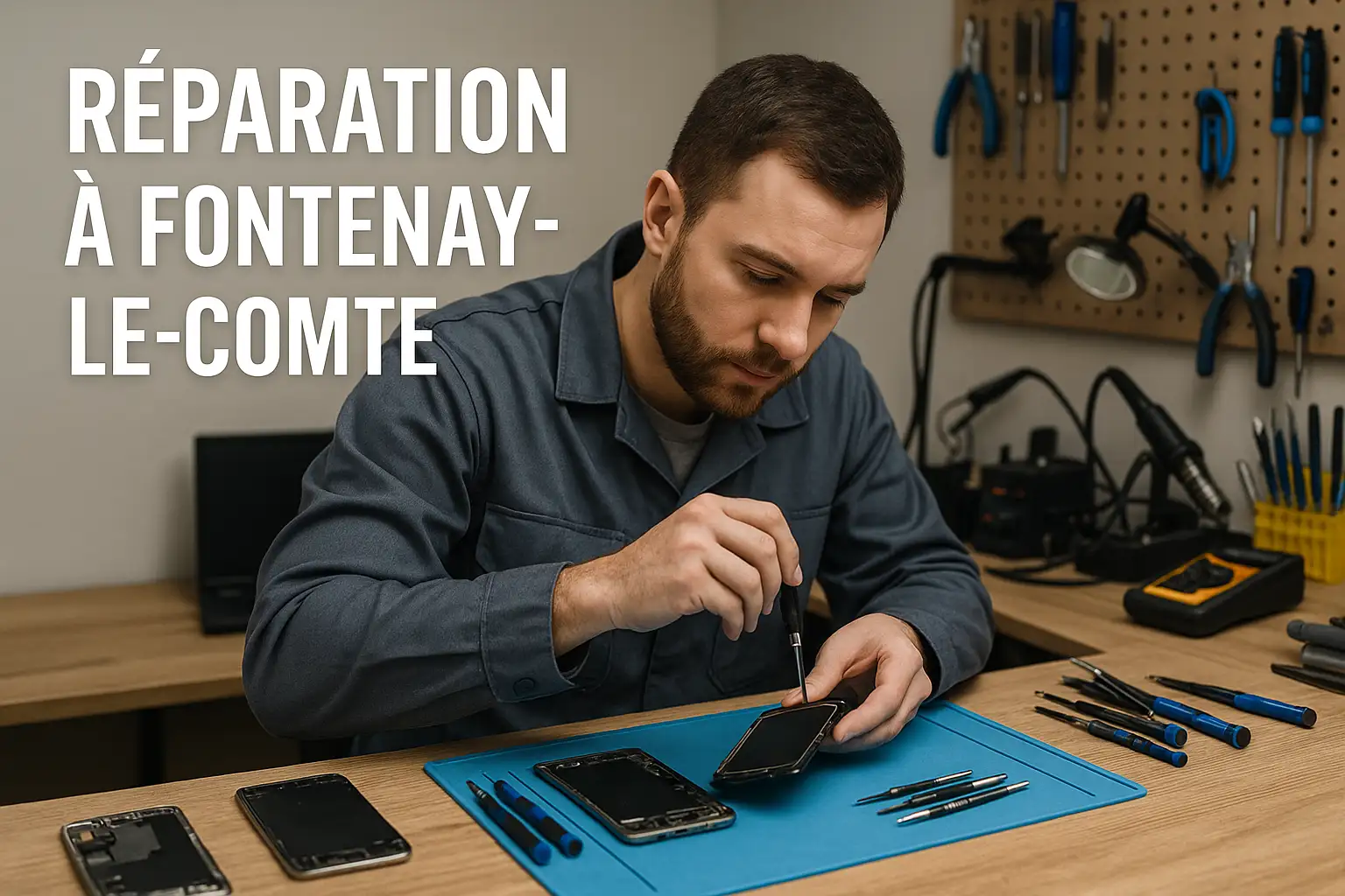 Technicien réparant un smartphone à Fontenay-le-Comte (atelier Phone & Co Center)